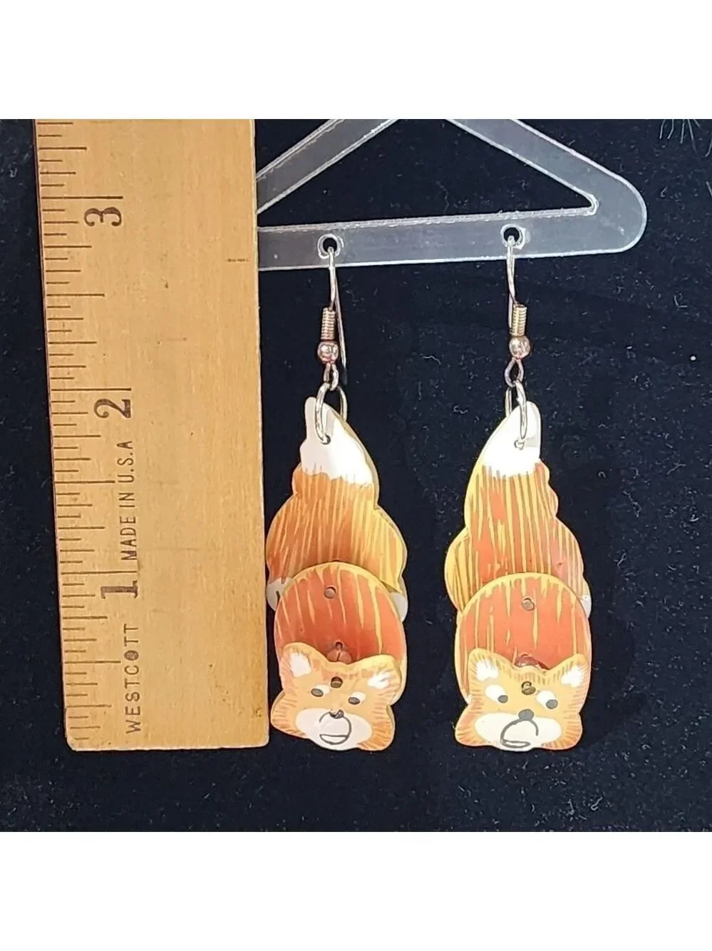 Vtg Handmade painted wood articulated dangle Cat or Fox earrings pierced